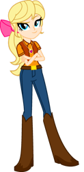 Size: 827x1680 | Tagged: safe, artist:aledurano, megan williams, human, equestria girls, g1, g4, applejack's cowboy boots, belt, boots, bow, clothes, coat, cowboy boots, crossed arms, denim, dreamworks face, eyebrows, hair bow, high heel boots, jeans, jewelry, looking at you, necklace, older, pants, raised eyebrow, shirt, shoes, simple background, smiling, smiling at you, smirk, solo, transparent background, vest