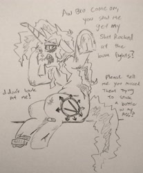 Size: 3276x3960 | Tagged: safe, artist:jargon scott, oc, oc only, oc:okie dokey loki, pony, unicorn, bandaid, blood, crying, cut, dialogue, female, grayscale, high res, magical lesbian spawn, mare, monochrome, offspring, older, parent:oc:dyx, parent:oc:filly anon, parents:oc x oc, pencil drawing, scratches, sharp teeth, solo, talking to viewer, teeth, traditional art, underhoof, unusual pupils