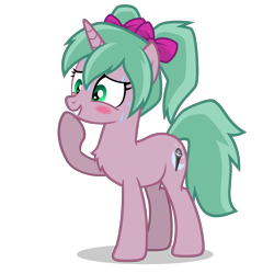 Size: 2800x2800 | Tagged: safe, oc, oc only, oc:magicalmysticva, pony, unicorn, blushing, bow, cute, female, hair bow, high res, hoof on chin, mare, pigtails, pink body, raised hoof, simple background, solo, sweat, sweatdrops, teal mane, transparent background, twintails, vector