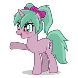 Size: 2800x2800 | Tagged: safe, oc, oc only, oc:magicalmysticva, pony, unicorn, blushing, bow, chest fluff, cute, female, green eyes, hair bow, heart, heart eyes, high res, in love, mare, open mouth, pigtails, pink body, pink bow, raised hoof, simple background, solo, transparent background, twintails, vector, wingding eyes