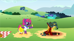 Size: 3238x1821 | Tagged: safe, artist:andrevus, oc, oc only, oc:pinkmane, alicorn, dragon, hybrid, longma, pony, alicorn oc, basket, clothes, dirt, duo, fire, fire magic, horn, magic, magic circle, mane of fire, picnic, picnic basket, picnic blanket, spell, summoning, summoning circle, volvagia, wings