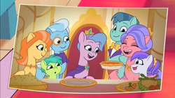 Size: 1912x1080 | Tagged: safe, screencap, queen haven, pegasus, pony, g5, making a meal of it, my little pony: tell your tale, spoiler:g5, spoiler:my little pony: tell your tale, spoiler:tyts01e35, :p, adorahaven, bowtie, bright canny (g5), colt, cute, eyes closed, female, filly, foal, food, jabot, male, mare, monocle, not sandbar, open mouth, open smile, pie, smiling, stallion, tongue out, unnamed character, unnamed pony, youtube link