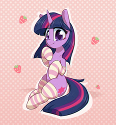 Size: 1000x1078 | Tagged: safe, artist:inkypuso, twilight sparkle, pony, unicorn, g4, chest fluff, clothes, cute, female, food, looking at you, mare, polka dot background, sitting, smiling, smiling at you, socks, solo, strawberry, striped socks, twiabetes, unicorn twilight