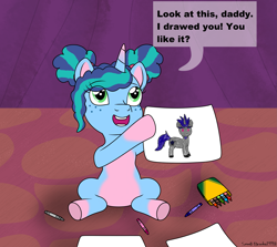 Size: 3195x2847 | Tagged: safe, artist:small-brooke1998, alphabittle blossomforth, misty brightdawn, pony, unicorn, g5, afro puffs, art, child, coat markings, craft, crayon, crystal tea room, cute, daaaaaaaaaaaw, drawing, filly, filly misty brightdawn, freckles, high res, mistybetes, paper, proud, smiling, socks (coat markings), younger