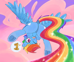 Size: 2233x1867 | Tagged: safe, artist:maremagnet, rainbow dash, pegasus, pony, g4, ;p, butt, dock, featureless crotch, female, flying, frog (hoof), looking at you, looking back, looking back at you, looking between legs, mare, one eye closed, plot, rainbutt dash, raspberry, solo, spread wings, tail, tongue out, underhoof, upside down, wings, wink, winking at you