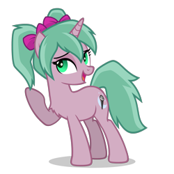 Size: 2800x2800 | Tagged: safe, oc, oc only, oc:magicalmysticva, pony, unicorn, bow, chest fluff, cute, female, green eyes, hair bow, high res, mare, pigtails, pink body, pink coat, raised hoof, simple background, solo, teal mane, transparent background, twintails, vector