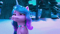 Size: 800x450 | Tagged: safe, screencap, izzy moonbow, pony, unicorn, g5, my little pony: make your mark, my little pony: make your mark chapter 6, secrets of starlight, spoiler:g5, spoiler:my little pony: make your mark chapter 6, spoiler:mymc06e04, animated, bust, faic, female, funny face, gif, izzy is best facemaker, mare, snow, solo, tongue out, tree