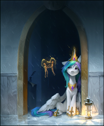 Size: 1638x1971 | Tagged: safe, artist:ramiras, princess celestia, alicorn, pony, g4, :<, cheek fluff, chest fluff, commission, depressedia, doll, ear fluff, female, floppy ears, fluffy, frown, glowing, glowing horn, hoof shoes, horn, jewelry, lamp, lantern, levitation, lidded eyes, lonely, looking at something, magic, mare, neck fluff, one ear down, rain, regalia, sad, shoulder fluff, sitting, solo, spread wings, telekinesis, toy, wing fluff, wings, wings down