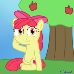 Size: 720x720 | Tagged: safe, artist:kingsiamo, apple bloom, earth pony, pony, g4, female, filly, foal, looking at you, sitting, smiling, smiling at you, solo, tree