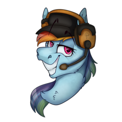 Size: 2300x2300 | Tagged: safe, artist:molars, rainbow dash, pegasus, pony, g4, bust, cap, chest fluff, hat, headphones, high res, long mane, looking at you, microphone, portrait, rainbow scout, raised eyebrows, scout (tf2), simple background, smiling, smirk, smug, solo, team fortress 2, transparent background
