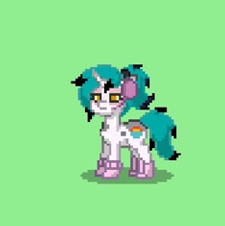 Size: 352x354 | Tagged: safe, oc, oc only, oc:evening lake, pony, unicorn, ashes town, pony town, blushing, boots, clothes, design, female, green background, headphones, light skin, mare, orange eyes, pixel art, pixelated, ponytail, shoes, simple background, socks, solo, spots, spotted, streamers