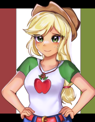 Size: 1762x2264 | Tagged: safe, artist:pulse, applejack, human, equestria girls, g4, arms, belt, breasts, bust, clothes, collar, cowboy hat, cute, denim skirt, female, freckles, hand on hip, hat, long hair, moe, ponytail, shirt, skirt, smiling, solo, stetson, t-shirt, teenager
