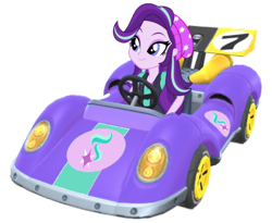 Size: 1024x838 | Tagged: safe, artist:fireluigi29, starlight glimmer, human, equestria girls, g4, blue seven, driving, female, kart, mario kart, simple background, smiling, solo, transparent background