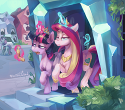 Size: 2512x2213 | Tagged: safe, artist:feelinnglad, artist:lummh, princess cadance, twilight sparkle, alicorn, crystal pony, pony, comic:the princess of love, g4, city, closed mouth, crown, crystal empire, folded wings, frown, high res, hoof shoes, jewelry, levitation, lidded eyes, magic, magic aura, new crown, open mouth, peytral, pocket watch, princess shoes, raised hoof, regalia, sisters-in-law, telekinesis, tiara, twilight sparkle (alicorn), unamused, unimpressed, watch, wings