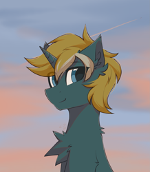 Size: 1135x1300 | Tagged: safe, artist:rieyadraws, oc, oc only, oc:wooded bastion, pony, unicorn, boeing, boeing c-17, boeing c-17 globemaster, chest fluff, contrail, ear fluff, eye clipping through hair, looking at you, male, photo, plane, smiling, solo, stallion, sunset