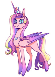 Size: 584x811 | Tagged: safe, artist:winte-ry, princess cadance, alicorn, pony, g4, alternate eye color, beauty mark, closed mouth, colored hooves, colored wings, female, folded wings, gradient horn, gradient legs, gradient wings, hooves, horn, jewelry, large wings, looking at you, mare, peytral, simple background, slender, smiling, solo, standing, thin, tiara, white background, wings