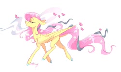Size: 1246x744 | Tagged: safe, artist:winte-ry, fluttershy, butterfly, pegasus, pony, g4, colored hooves, concave belly, ears back, eyes closed, female, flower, flower in hair, flower in tail, folded wings, large wings, mare, ribbon, signature, simple background, slender, smiling, solo, tail, thin, white background, wings