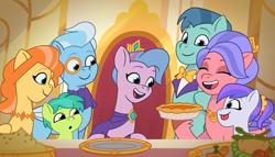 Size: 4024x2296 | Tagged: safe, edit, edited screencap, screencap, queen haven, pegasus, pony, g5, making a meal of it, my little pony: tell your tale, spoiler:g5, spoiler:my little pony: tell your tale, spoiler:tyts01e35, adorahaven, bowtie, bright canny (g5), cute, female, happy, jabot, male, mare, monocle, smiling, stallion, unnamed character, unnamed pony, upscaled