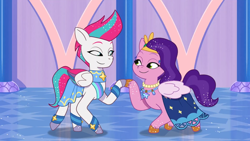 Size: 1920x1080 | Tagged: safe, screencap, pipp petals, zipp storm, pegasus, pony, crystal ball (episode), g5, my little pony: tell your tale, spoiler:g5, spoiler:my little pony: tell your tale, spoiler:tyts01e68, dancing, duo, duo female, female, mare, royal sisters (g5), siblings, sisters, smiling