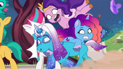 Size: 3072x1727 | Tagged: safe, screencap, comet (g5), hitch trailblazer, misty brightdawn, pipp petals, sparky sparkeroni, zipp storm, auroricorn, dragon, earth pony, pegasus, pony, unicorn, crystal ball (episode), g5, my little pony: tell your tale, spoiler:g5, spoiler:my little pony: tell your tale, spoiler:tyts01e68, :o, baby, baby dragon, female, frown, male, mare, open mouth, papa hitch, rebirth misty, royal sisters (g5), running, siblings, sisters, stallion