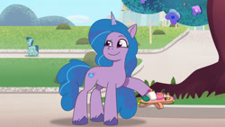 Size: 3072x1727 | Tagged: safe, screencap, delightful trifle, izzy moonbow, earth pony, pony, unicorn, crystal ball (episode), g5, my little pony: tell your tale, spoiler:g5, spoiler:my little pony: tell your tale, spoiler:tyts01e68, duo, duo female, eyebrows, female, mare, raised eyebrow, smiling