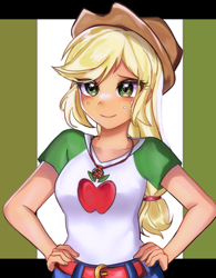 Size: 1762x2264 | Tagged: safe, artist:pulse, applejack, human, equestria girls, g4, abstract background, arms, belt, breasts, bust, clothes, collar, cowboy hat, denim skirt, eye clipping through hair, female, freckles, hand on hip, hat, long hair, ponytail, shirt, skirt, smiling, solo, stetson, t-shirt, teenager