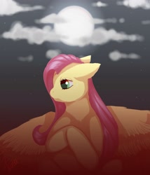 Size: 3500x3000 | Tagged: safe, artist:lunayourlife, fluttershy, pegasus, pony, g4, cloud, ear fluff, female, full moon, high res, looking away, looking left, mare, moon, night, pink hair, sitting, solo, spread wings, turned head, wings
