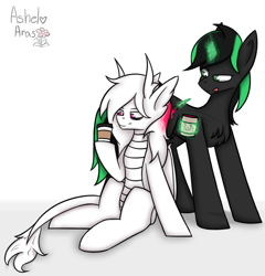 Size: 3275x3412 | Tagged: safe, artist:ashel_aras, oc, oc only, oc:canvice, oc:jeluci, hybrid, pony, unicorn, coffee, commission, duo, high res, hybrid oc, magic, paint, paintbrush, romance, scar, simple background, white background