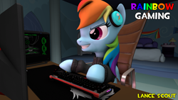 Size: 1920x1080 | Tagged: safe, artist:lancescout, rainbow dash, pegasus, pony, g4, 3d, bedroom, chair, computer, computer mouse, computer screen, female, gamer, gamer dash, gamer girl, headphones, keyboard, monitor, rainbow dash's bedroom, smiling, solo, source filmmaker