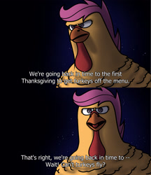 Size: 2479x2870 | Tagged: safe, artist:yuuwa, scootaloo, bird, turkey, g4, breaking the fourth wall, commission, commissioner:zcord, description is relevant, exclamation point, explaining the joke, free birds, high res, holiday, meme, night, night sky, question, question mark, reality ensues, scootachicken, scootaturkey, shadow, sky, stars, technically correct, thanksgiving, the more you know