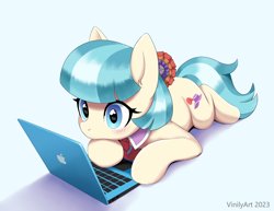 Size: 2368x1827 | Tagged: safe, artist:vinilyart, coco pommel, earth pony, pony, g4, apple (company), blushing, cocobetes, computer, cute, female, high res, laptop computer, lying down, macbook, mare, necktie, prone, solo