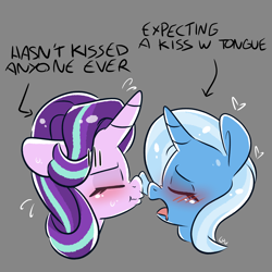 Size: 2200x2200 | Tagged: safe, artist:lou, starlight glimmer, trixie, g4, awkward, awkward moment, blushing, female, first time, gray background, high res, kissing, lesbian, reality ensues, ship:startrix, shipping, simple background