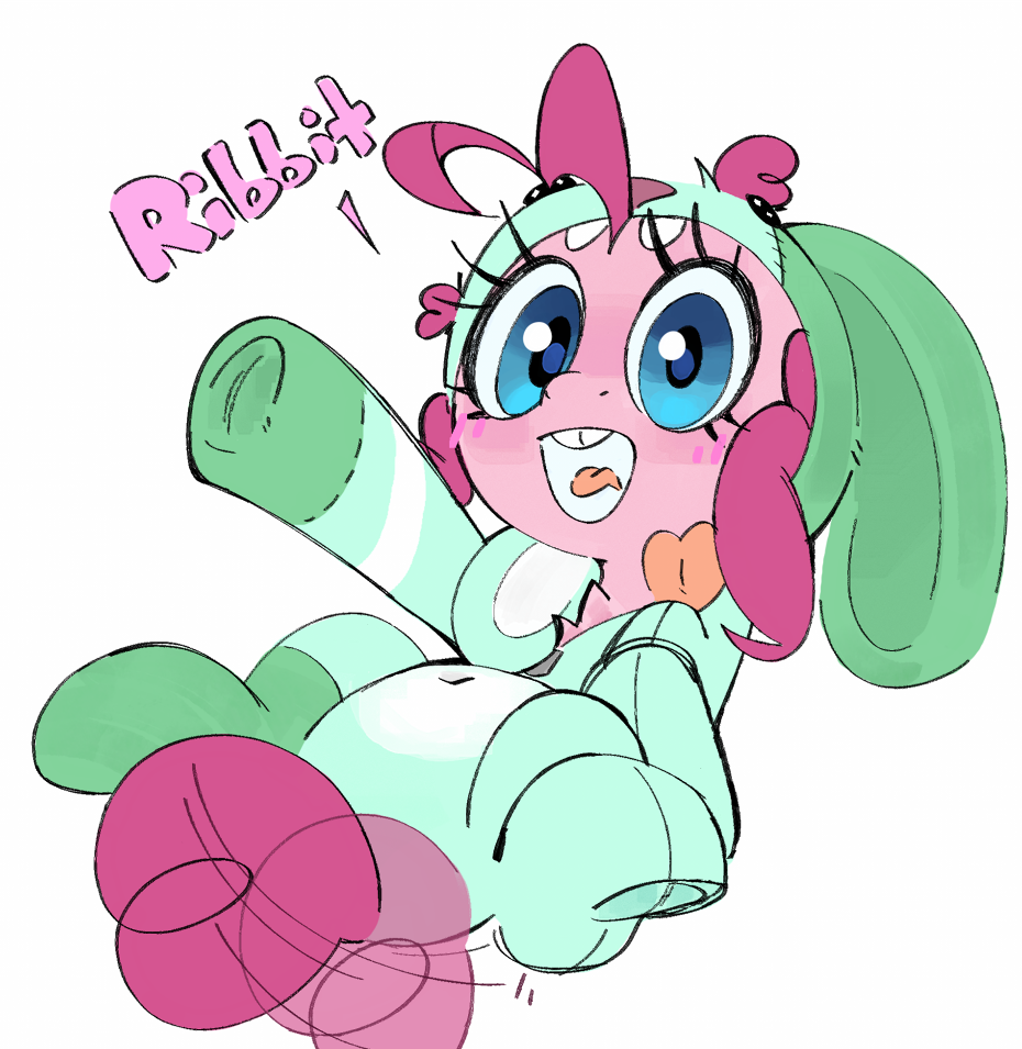 [blushing,bunny costume,clothes,costume,cute,earth pony,g4,kigurumi,open mouth,pinkie pie,pony,safe,simple background,solo,tail,tail wag,white background,diapinkes,animal costume,smiling,open smile,blush lines,artist:maremagnet]