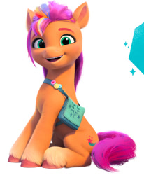 Size: 605x734 | Tagged: safe, sunny starscout, earth pony, pony, g5, my little pony: make your mark, official, 3d, badge, bag, cute, looking at you, multicolored hair, rainbow hair, sitting, smiling, smiling at you, sunnybetes