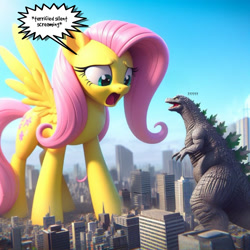 Size: 1400x1400 | Tagged: safe, ai assisted, ai content, editor:giantpony, generator:bing image creator, prompter:giantpony, fluttershy, kaiju, pegasus, pony, g4, crossover, descriptive noise, duo, female, giant pony, giantess, giantshy, godzilla, godzilla (series), larger female, macro, macro/micro, male, phraseit, scared, shocked, shocked expression, size difference, smaller male, terrified, wrong cutie mark