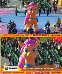 Size: 1182x1395 | Tagged: safe, screencap, sunny starscout, earth pony, pony, g5, official, 2023, abc news, bag, balloon, cute, female, floating, fluttershy's cutie mark, holiday, irl, looking at you, mane stripe sunny, mare, parade, parade balloon, pennsylvania, philadelphia, photo, pins, rainbow dash's cutie mark, satchel, sunnybetes, thanksgiving, twilight sparkle's cutie mark, united states, unshorn fetlocks