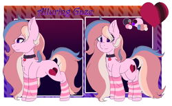Size: 3256x2000 | Tagged: safe, artist:naaltive, oc, oc only, oc:alluring gaze, pony, chest fluff, clothes, collar, ear fluff, eyeshadow, female, high res, leg warmers, makeup, reference sheet, side view, smiling, solo