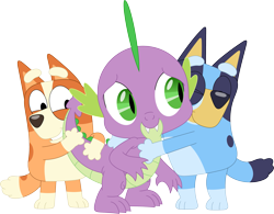 Size: 3563x2774 | Tagged: safe, artist:porygon2z, spike, dog, dragon, semi-anthro, g4, australian cattle dog, bingo heeler, bluey, bluey heeler, crossover, cute, female, high res, hug, male, siblings, simple background, sisters, spikabetes, transparent background, trio, vector