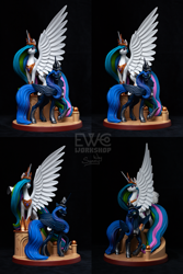 Size: 3199x4799 | Tagged: safe, artist:ewc workshop, artist:sunny way, princess celestia, princess luna, alicorn, pony, g4, 3d print, black background, craft, crown, duo, feather, female, figurine, fit, hoof shoes, horn, irl, jewelry, large wings, long horn, long mane, long tail, mare, muscles, one wing out, peytral, photo, princess, princess shoes, regalia, sculpture, simple background, slender, spread wings, stairs, statue, sternocleidomastoid, tail, thin, wings
