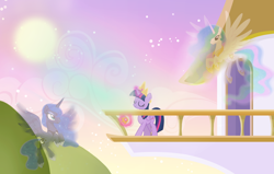 Size: 4000x2537 | Tagged: safe, artist:bugoythebrony, princess celestia, princess luna, twilight sparkle, alicorn, pony, g4, balcony, big crown thingy 2.0, canterlot castle, cloud, concave belly, crown, dawn, ethereal mane, ethereal tail, eyes closed, flying, folded wings, glowing, glowing horn, height difference, high res, hoof shoes, horn, jewelry, levitation, long horn, long mane, long tail, magic, outdoors, peytral, physique difference, princess shoes, raising the sun, regalia, slender, smiling, spread wings, starry mane, starry tail, sun, sunrise, tail, telekinesis, thin, trio, twilight sparkle (alicorn), wings