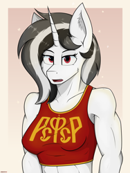 Size: 3000x4000 | Tagged: safe, artist:marusya, oc, oc only, oc:schworz, unicorn, anthro, clothes, collarbone, cyrillic, ear fluff, looking at you, russian, simple background, solo, soviet union