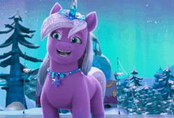 Size: 400x270 | Tagged: safe, screencap, comet (g5), violet frost, auroricorn, pony, unicorn, g5, my little pony: make your mark, my little pony: make your mark chapter 6, secrets of starlight, spoiler:g5, spoiler:my little pony: make your mark, spoiler:my little pony: make your mark chapter 6, spoiler:mymc06e04, among us, animated, cometbetes, duo, faic, female, gif, jewelry, male, mare, necklace, stallion, sus (among us), violetbetes
