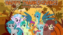 Size: 2063x1161 | Tagged: safe, artist:cheezedoodle96, artist:not-yet-a-brony, gallus, ocellus, sandbar, silverstream, smolder, swift foot, yona, changeling, dragon, earth pony, griffon, hippogriff, pony, thracian, yak, g4, 2023, friends, holiday, november, student six, thanksgiving, youtube link in the description