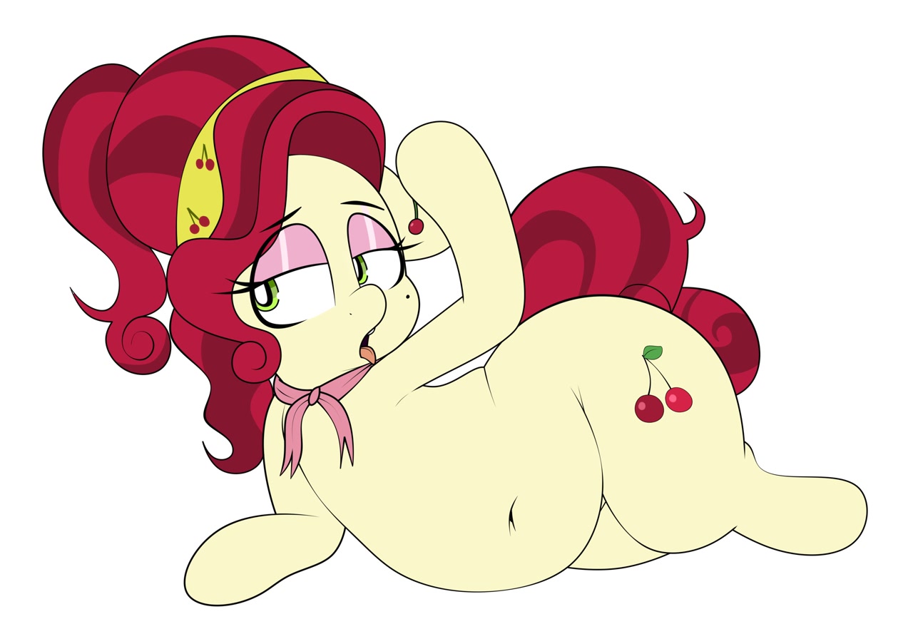 [bedroom eyes,belly,belly button,cherry,cherry jubilee,chubby,clothes,earth pony,female,food,g4,mare,open mouth,pony,safe,simple background,solo,white background,wide hips,round belly,lidded eyes,artist:blitzyflair]