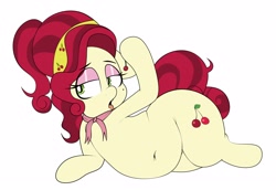 Size: 2822x1944 | Tagged: safe, artist:blitzyflair, cherry jubilee, earth pony, pony, g4, bedroom eyes, belly, belly button, cherry, chubby, clothes, fat, female, food, herbivore, lidded eyes, mare, obese, open mouth, round belly, simple background, solo, tongue out, white background, wide hips