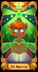 Size: 2500x4710 | Tagged: safe, artist:madelinne, oc, oc only, pony, unicorn, book, clothes, horn, light, magic book, runes, solo, stars, tarot, tarot card, tarot cards by madelinne, unicorn oc