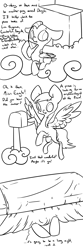 Size: 800x2404 | Tagged: safe, artist:celadonlonghorn, derpy hooves, oc, oc:desert eagle, pony, ask desert eagle, g4, bed, mailbox, monochrome