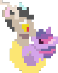 Size: 240x300 | Tagged: safe, editor:kujivunia, discord, twilight sparkle, draconequus, pegasus, pony, unicorn, g4, cute, discute, duo, embrace, female, hug, kissing, male, nose kiss, pixel art, ship:discolight, shipping, simple background, straight, transparent background, unicorn twilight