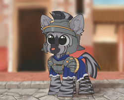 Size: 3481x2800 | Tagged: safe, artist:dorkmark, oc, oc only, earth pony, pony, zebra, :p, armor, chibi, high res, solo, tongue out