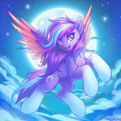 Size: 2000x2000 | Tagged: safe, artist:adagiostring, oc, oc only, fly, insect, pegasus, pony, cloud, cloudy, coat markings, colored wings, commission, concave belly, cute, digital art, female, flying, freckles, full body, full moon, gradient wings, high res, leg fluff, looking at you, mare, moon, night, pegasus oc, sky, socks (coat markings), solo, spread wings, stars, wings